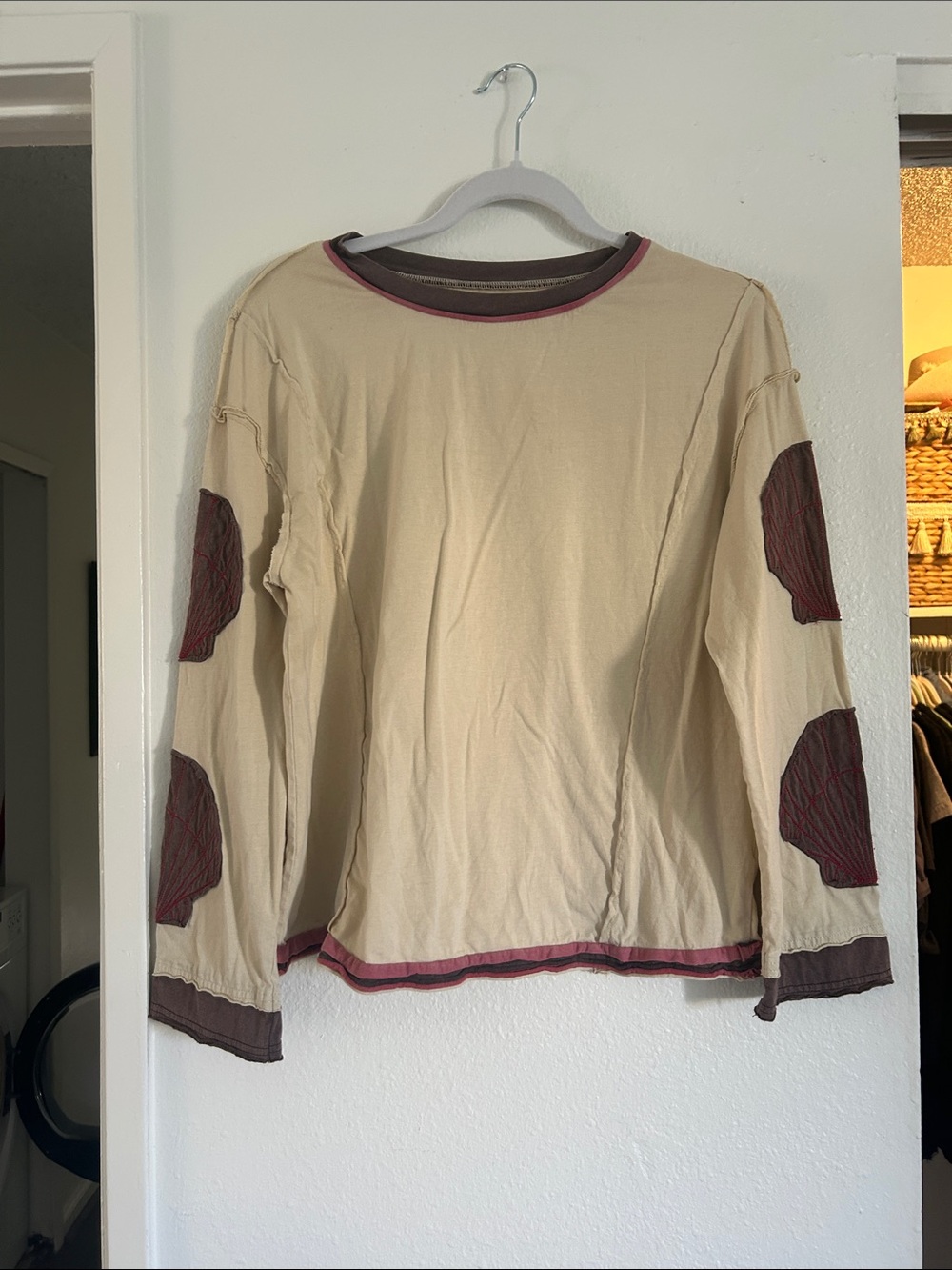 Beige Long Sleeve Tee with Burgundy Elbow Patches